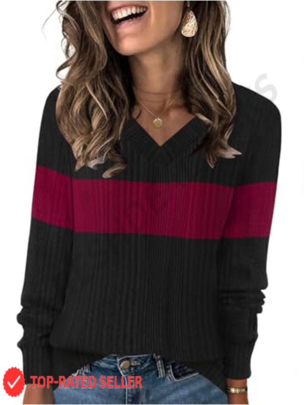 V-Neck Long Sleeve Tunic Sweater Women Fall Casual Knit Pullover Lightweight